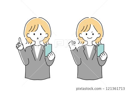 Illustration of a woman in a suit holding a smartphone 121361713
