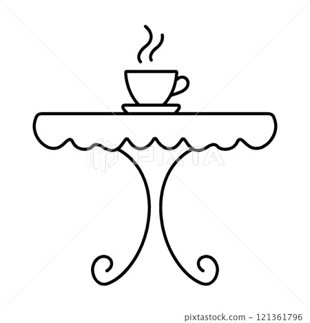 Simple hand-drawn line drawing illustration of a mini table with hot drinks on it, cut out on transparent background Simple hand-drawn line drawing illustration of a mini table with hot drinks on it, cut out on transparent background 121361796