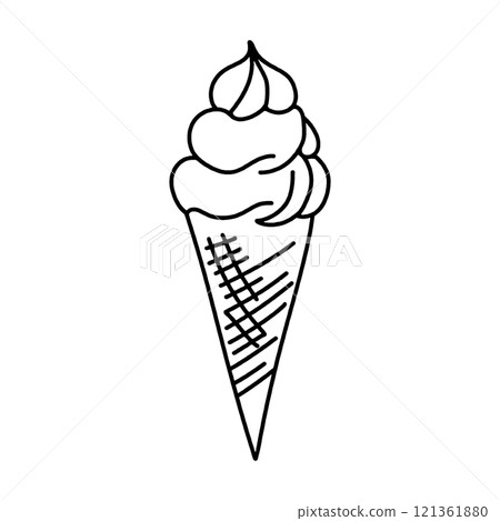 Simple hand-drawn line drawing illustration of soft serve ice cream, cut out on transparent background 121361880