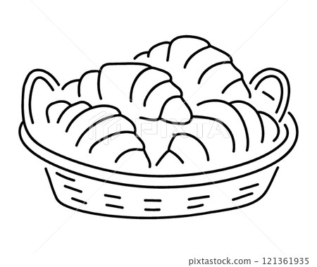 簡單的手繪線條圖，描繪了一個裝滿新鮮出爐的羊角麵包的麵包籃，透明背景上的切口 121361935