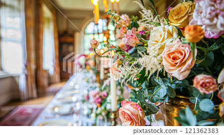 Grand wedding decoration in the country manor, floral decor and event celebration, flowers, wedding aisle and tablescape in the garden, English countryside style idea 121362383