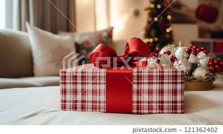 Christmas gift box wrapping idea for boxing day and winter holidays in the English countryside tradition 121362402