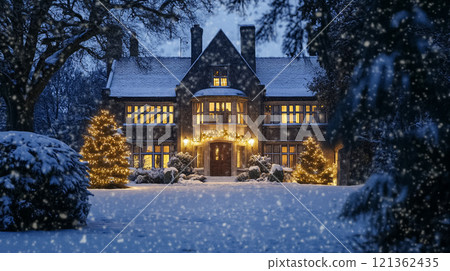 Country manor decorated for Christmas, Merry Christmas holiday idea 121362435