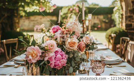 Wedding decoration with peonies, floral decor and event celebration, peony flowers and wedding ceremony in the garden, English country style Wedding decoration with peonies, floral decor and event celebration, peony flowers and wedding ceremony in the garden, English country style 121362436