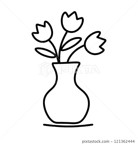 簡單的手繪線條畫花瓶中的花朵插圖,透明背景上的切口 簡單的手繪線條畫花瓶中的花朵插圖,透明背景上的切口 121362444
