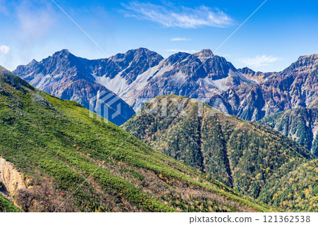 從銀座全景看到的穗高連峰、北阿爾卑斯山、大天嶽全景銀座橫斷攀登 121362538