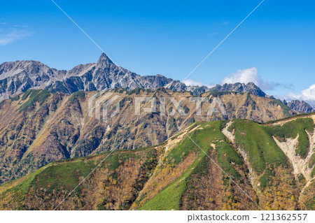 從北阿爾卑斯山橫通山肩部看到的矢鹿山和北鐮山脊,大天陽山全景銀座垂直登山 從北阿爾卑斯山橫通山肩部看到的矢鹿山和北鐮山脊,大天陽山全景銀座垂直登山 121362557