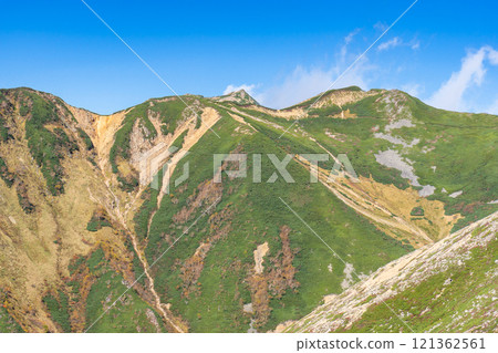 The summit of Mt. Daitenjo seen from the shoulder of Mt. Yokotsutsu. Northern Alps, Mt. Daitenjo Panorama Ginza Traverse Climbing 121362561