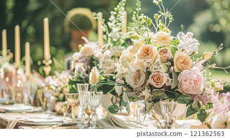 Grand wedding decoration in the country manor, floral decor and event celebration, flowers, wedding aisle and tablescape in the garden, English countryside style idea 121362563