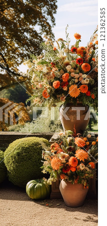 Floral decoration, wedding decor and autumn holiday celebration, autumnal flowers and event decorations in the English countryside garden, country style idea 121362585
