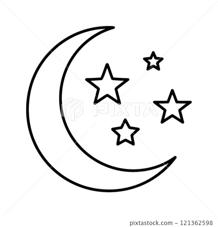 Simple line drawing illustration of a crescent moon and stars, cut out on a transparent background Simple line drawing illustration of a crescent moon and stars, cut out on a transparent background 121362598