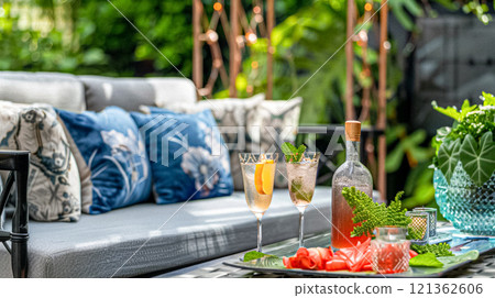 Summer party celebration in the garden, outdoor lounge and countryside house patio decor, English country cottage house design idea 121362606