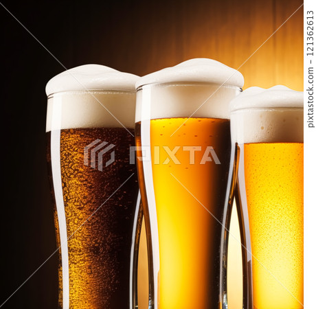 Glasses of cold beer with foam, pint of original premium beer drink, alcohol flavour and holiday celebration idea 121362613