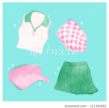 Coquette Pickleball uniform Preppy Aesthetic Pastel Watercolor Art in Green and Pink 121362662