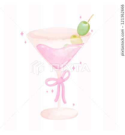 Preppy Pastel Coquette Martini with olieve Watercolor Art in Green and Pink 121362666