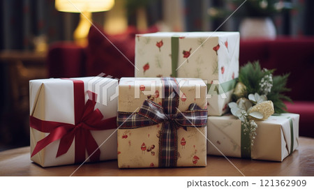 Christmas gift box wrapping idea for boxing day and winter holidays in the English countryside tradition 121362909
