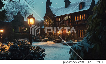 Country manor decorated for Christmas, Merry Christmas holiday idea 121362911
