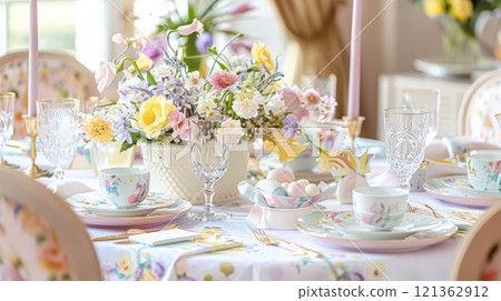 Easter tablescape decoration, floral holiday table decor for family celebration, spring flowers, Easter eggs, Easter bunny and vintage dinnerware, English country and home styling 121362912