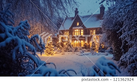 Country manor decorated for Christmas, Merry Christmas holiday idea 121362924