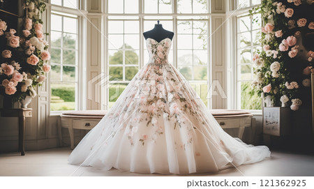 Wedding drees, bridal gown style and bespoke fashion, full-legth white tailored ball gown in showroom, tailor fitting, beauty and wedding inspiration 121362925