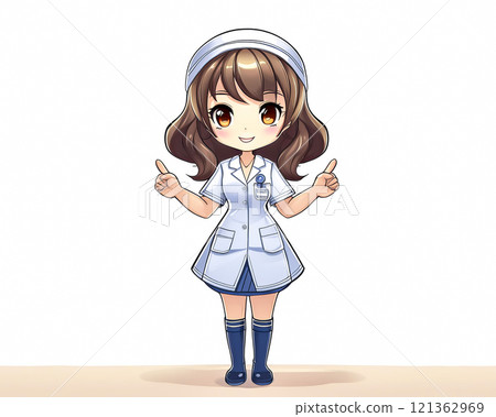 Chibi character: Image of a woman wearing a nurse's costume, pointing 121362969
