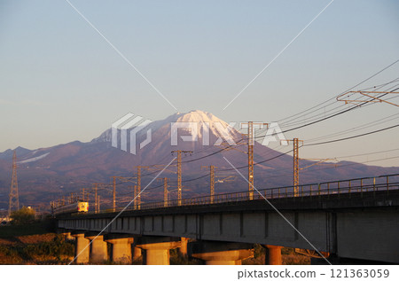 381 Series Yakumo Express (JNR livery) running through the Hino River with Mt. Beni Daisen in the background: Continuous shot 30/32 381 Series Yakumo Express (JNR livery) running through the Hino River with Mt. Beni Daisen in the background: Continuous shot 30/32 121363059
