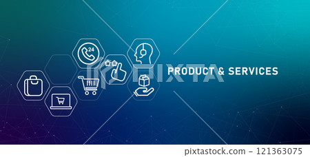 Product and services header company goods sold retail information market shopping design icons gradient background with icon Product and services header company goods sold retail information market shopping design icons gradient background with icon 121363075