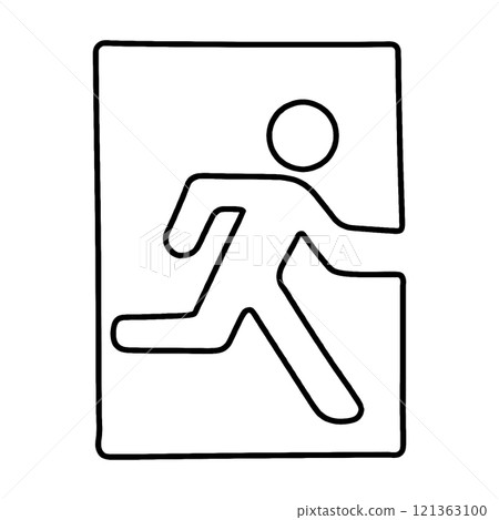 Rough hand-drawn line drawing illustration of an emergency exit pictogram, cut out on transparent background Rough hand-drawn line drawing illustration of an emergency exit pictogram, cut out on transparent background 121363100