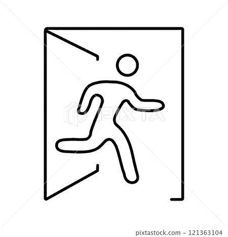 Rough hand-drawn line drawing illustration of an emergency exit pictogram, cut out on transparent background 121363104