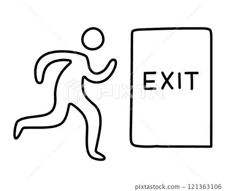 Rough hand-drawn line drawing illustration of an emergency exit pictogram, cut out on transparent background Rough hand-drawn line drawing illustration of an emergency exit pictogram, cut out on transparent background 121363106