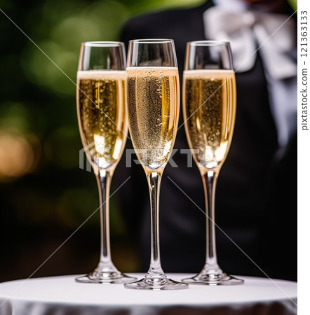 Luxury service, glasses of champagne served by a waiter at a wedding celebration or event in formal English style at luxurious hotel or country estate garden, post-processed, generative ai 121363133
