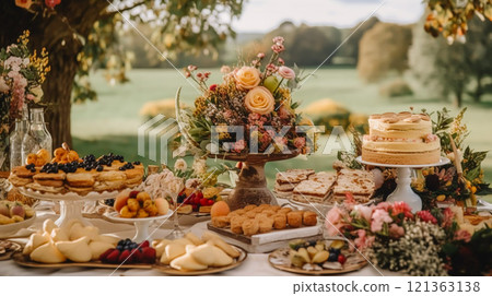 Autumnal dessert buffet table, event food catering for wedding, party and holiday celebration, cakes, sweets and desserts in autumn garden, post-processed, generative ai 121363138