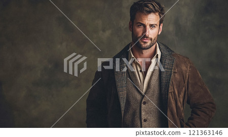 Handsome English man model dressed up smart casual fashion style, exuding refined masculinity and timeless elegance idea 121363146