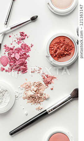 Make-up cosmetic product, beauty products and cosmetics swatch sample flatlay, various makeup brand tools as glamour fashion night out background idea 121363147