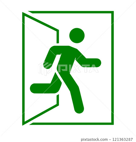 Pictogram-style illustration of a person running through an emergency exit on a transparent background Pictogram-style illustration of a person running through an emergency exit on a transparent background 121363287