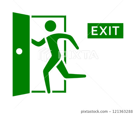 Pictogram-style illustration of a person running through an emergency exit on a transparent background Pictogram-style illustration of a person running through an emergency exit on a transparent background 121363288