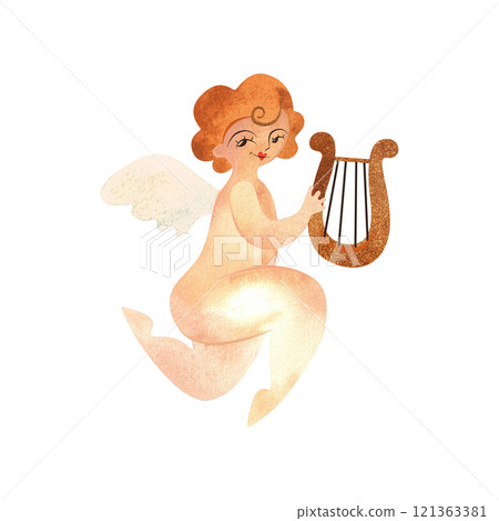 Cupid or Amor, the Greek god of love holding a lyre. Golden-haired baby with wings. Character. Isolated watercolor illustration for valentine. Clipart. Cupid or Amor, the Greek god of love holding a lyre. Golden-haired baby with wings. Character. Isolated watercolor illustration for valentine. Clipart. 121363381
