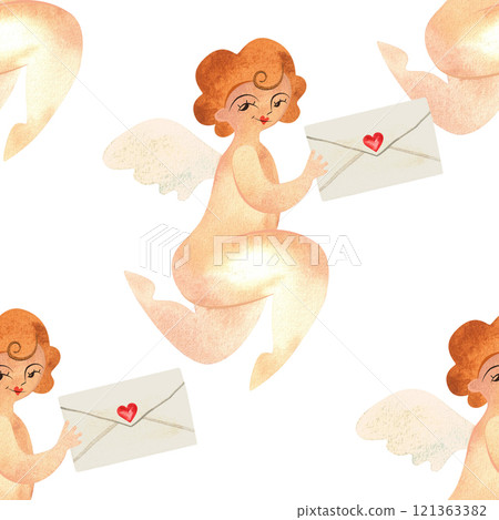 Cupid with letters in vintage style. Love mail. Watercolor seamless pattern for textile and wrapping paper for Valentine's Day or wedding 121363382