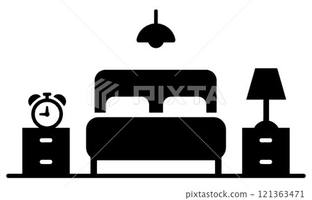 Black silhouette illustration of a bedroom with a double bed, an alarm clock and lights, cut out on transparent background 121363471