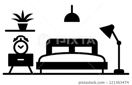 臥室的黑色剪影圖,配有雙人床、鬧鐘和燈光,透明背景上的切口 臥室的黑色剪影圖,配有雙人床、鬧鐘和燈光,透明背景上的切口 121363474