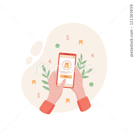 A user holds a phone with payment app. The mobile device features a clear screen for transactions. This context represents technology and online business interactions, simple yet effective. 121363659
