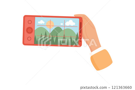 A user holds a smartphone in their hand. A hand grips a mobile phone capturing photo. The application displays camera screen on the device, flat visual style, suitable for media and technology. A user holds a smartphone in their hand. A hand grips a mobile phone capturing photo. The application displays camera screen on the device, flat visual style, suitable for media and technology. 121363660