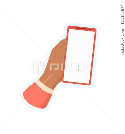 Hand holds a smartphone sticker. User displays a mobile device. Digital template, flat design, suitable for app promotion or online communication, using social media. Hand holds a smartphone sticker. User displays a mobile device. Digital template, flat design, suitable for app promotion or online communication, using social media. 121363674