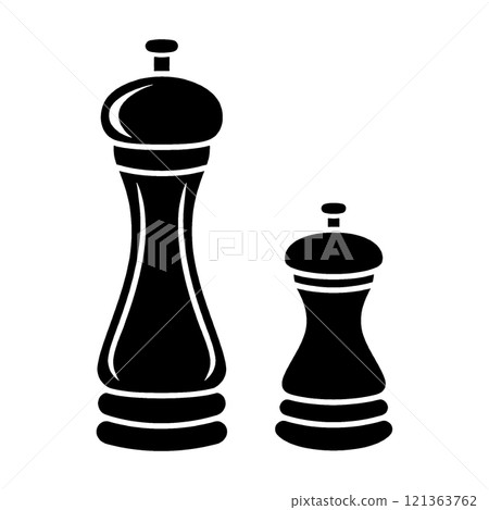 胡椒磨和鹽磨的黑色剪影圖,透明背景上的切口 胡椒磨和鹽磨的黑色剪影圖,透明背景上的切口 121363762