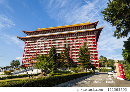 Low angle view of the Grand Hotel Taipei on a sunny day in Taiwan. This is a Magnificent Chinese-style palace building. Low angle view of the Grand Hotel Taipei on a sunny day in Taiwan. This is a Magnificent Chinese-style palace building. 121363803