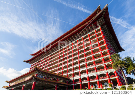 Low angle view of the Grand Hotel Taipei on a sunny day in Taiwan. This is a Magnificent Chinese-style palace building. 121363804