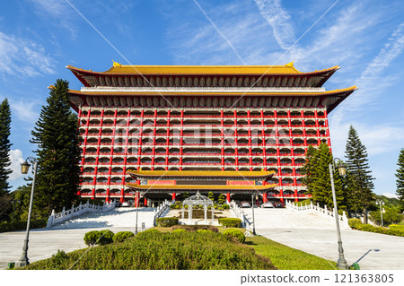 Low angle view of the Grand Hotel Taipei on a sunny day in Taiwan. This is a Magnificent Chinese-style palace building. Low angle view of the Grand Hotel Taipei on a sunny day in Taiwan. This is a Magnificent Chinese-style palace building. 121363805