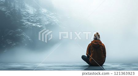 A woman sits on a ledge overlooking misty mountains, surrounded by haze and silence 121363923
