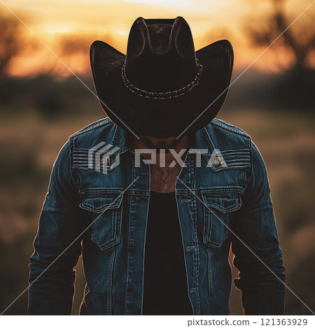 A rugged stylish cowboy in a denim shirt and black hat stands outdoors at sunset 121363929