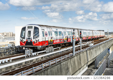 View of a Taoyuan International Airport line train running on the elevated track of the Taoyuan Mass Rapid Transit System. 121364286